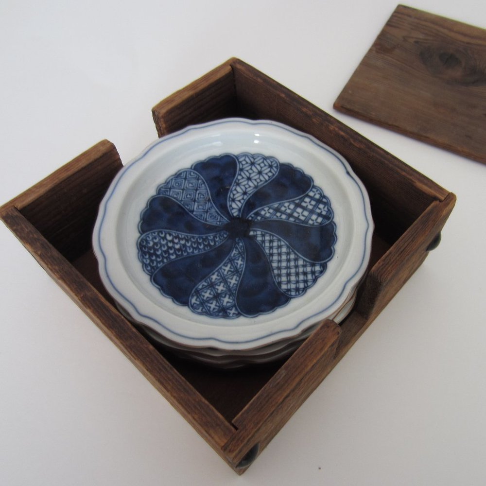 4 Japanese China Coasters in Wooden Box